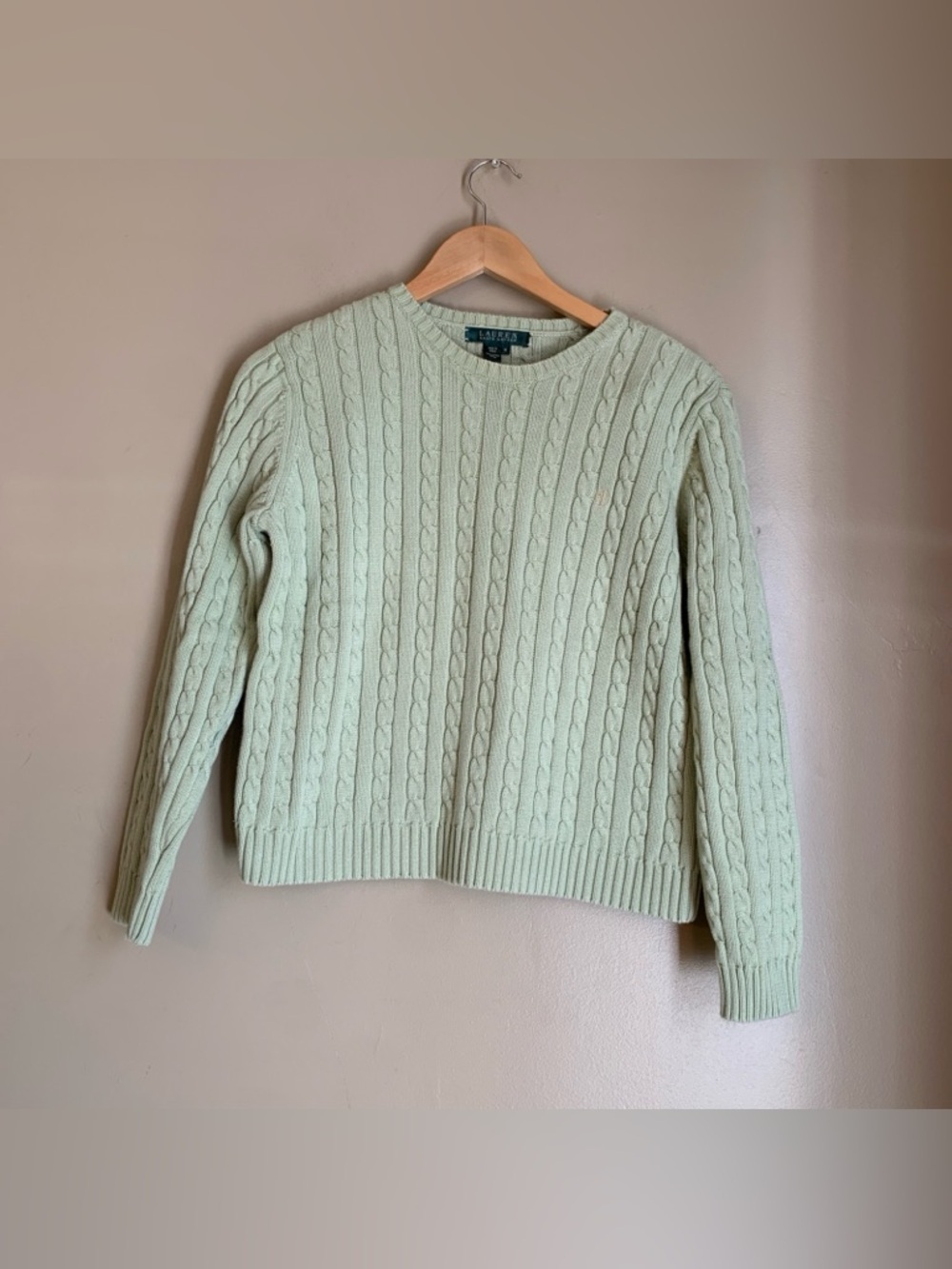 Lauren Ralph Lauren Mint Green Cable Knit Crewneck Sweater